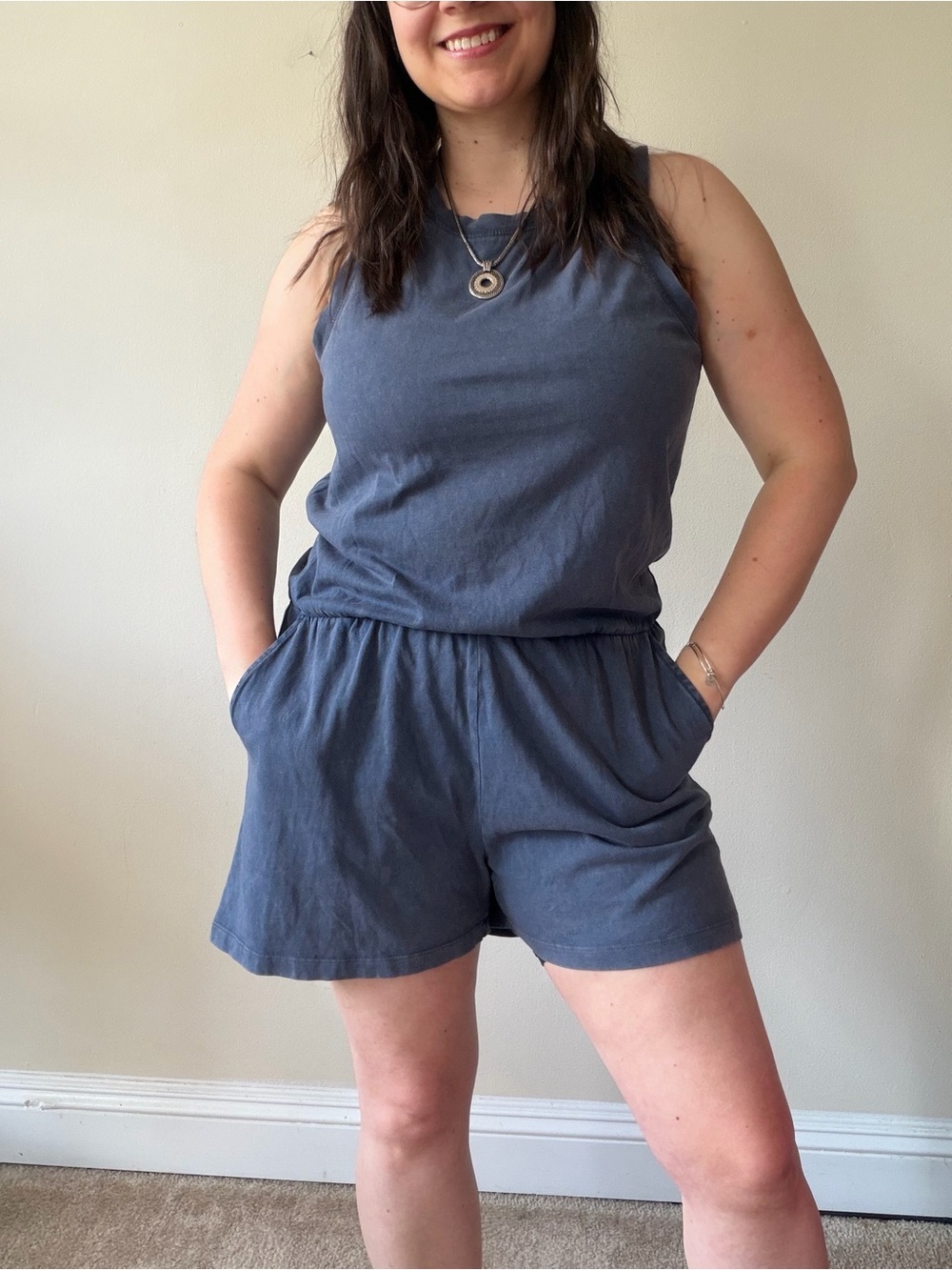 Z Supply Slate Blue Sleeveless Romper with Elastic Waist